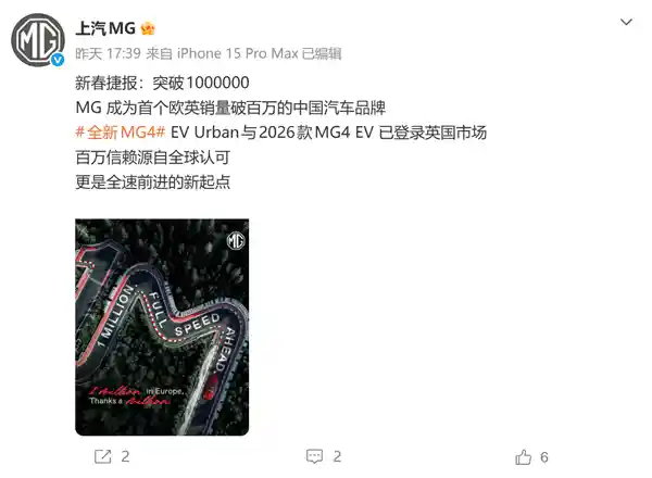 上汽名爵欧洲销量破百万，创中国车企海外新纪录